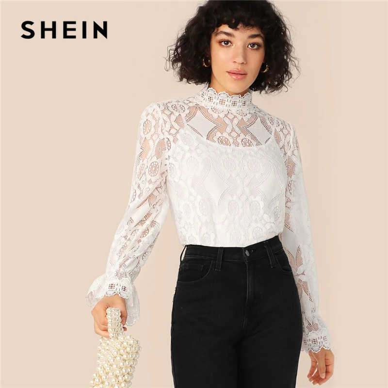 

SHEIN Elegant White Sheer Lace Mock Neck Flounce Sleeve Top Without Cami Keyhole Back Summer Blouse Women Solid Tops and Blouses