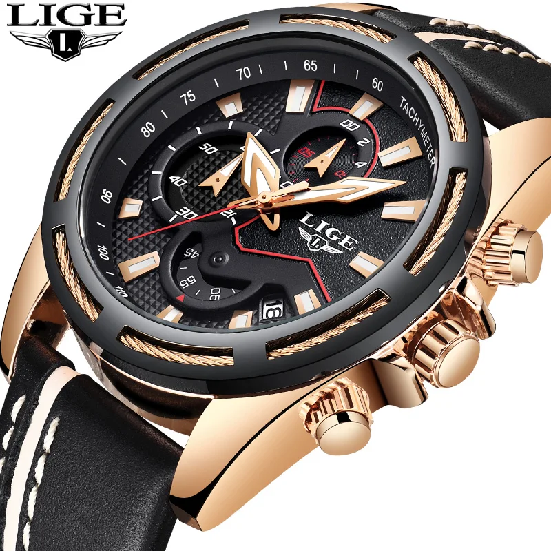 LIGE Chronograph Men Watch Relogio Masculino Black Leather Business Quartz Watch Clock Men Creative Army Military Wrist Watches 
LIGE Chronograph Men Watch Relogio Masculino Black Leather Business Quartz Watch Clock Men Creative Army Military Wrist Watches