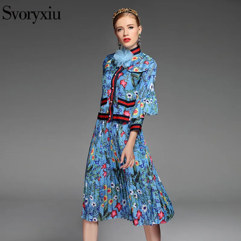 Image 2017 Spring Summer Style Runway Designer Skirt Suit Appliques Button Mandarin Collar Flower Floral Print Leisure Twinset Outfit
