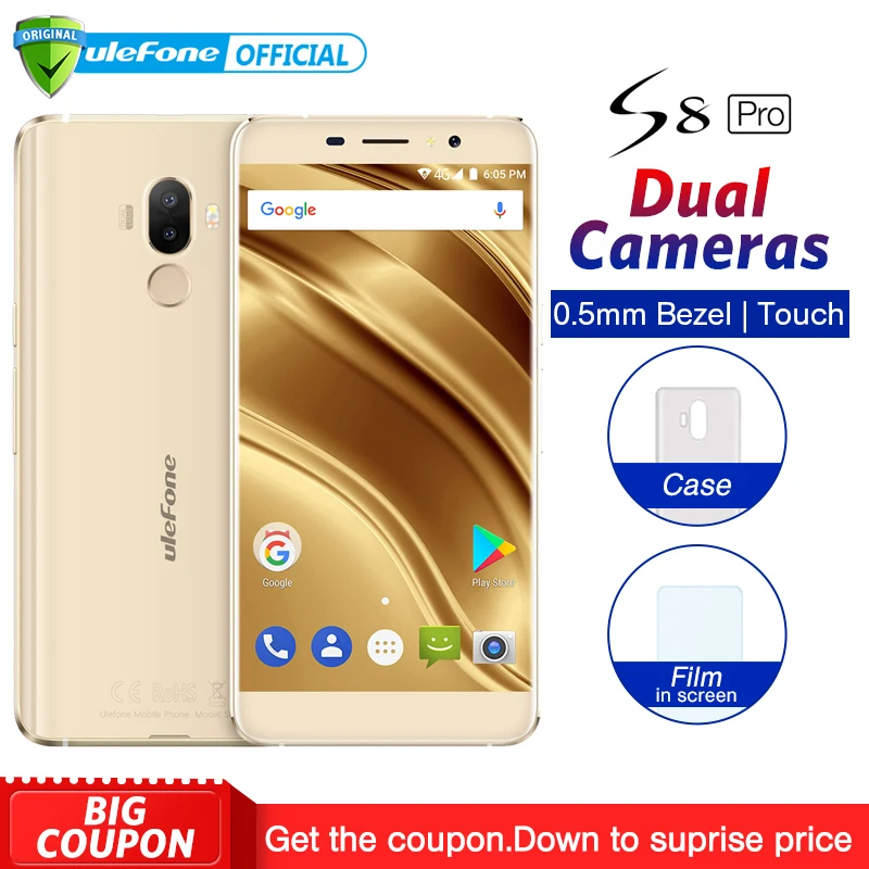 Ulefone S8 Pro Dual Rear Cameras Mobile Phone 5.3 inch HD MTK6737 Quad Core Android 7.0 2GB+16GB 13MP Fingerprint 4G Smartphone
Ulefone S8 Pro Dual Rear Cameras Mobile Phone 5.3 inch HD MTK6737 Quad Core Android 7.0 2GB+16GB 13MP Fingerprint 4G Smartphone