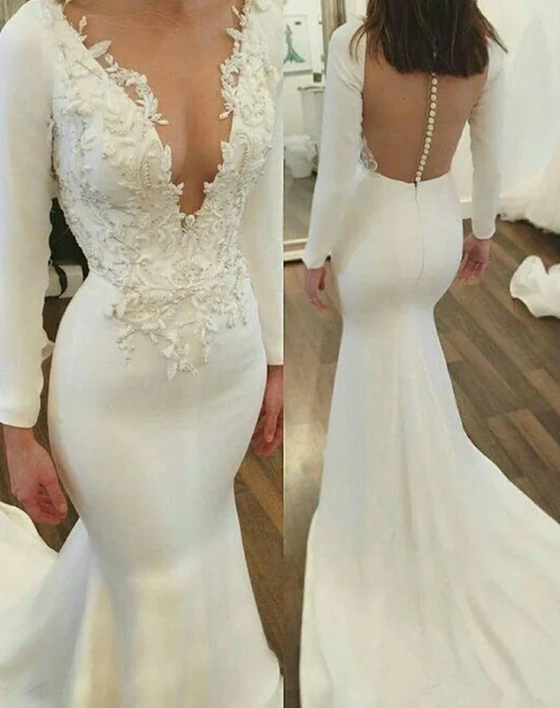 Sexy Deep V-neck Satin Arabic Mermaid Wedding Dress Long Sleeve Button Applique Bridal Dress Plus Size Middle East Wedding Gown
Sexy Deep V-neck Satin Arabic Mermaid Wedding Dress Long Sleeve Button Applique Bridal Dress Plus Size Middle East Wedding Gown