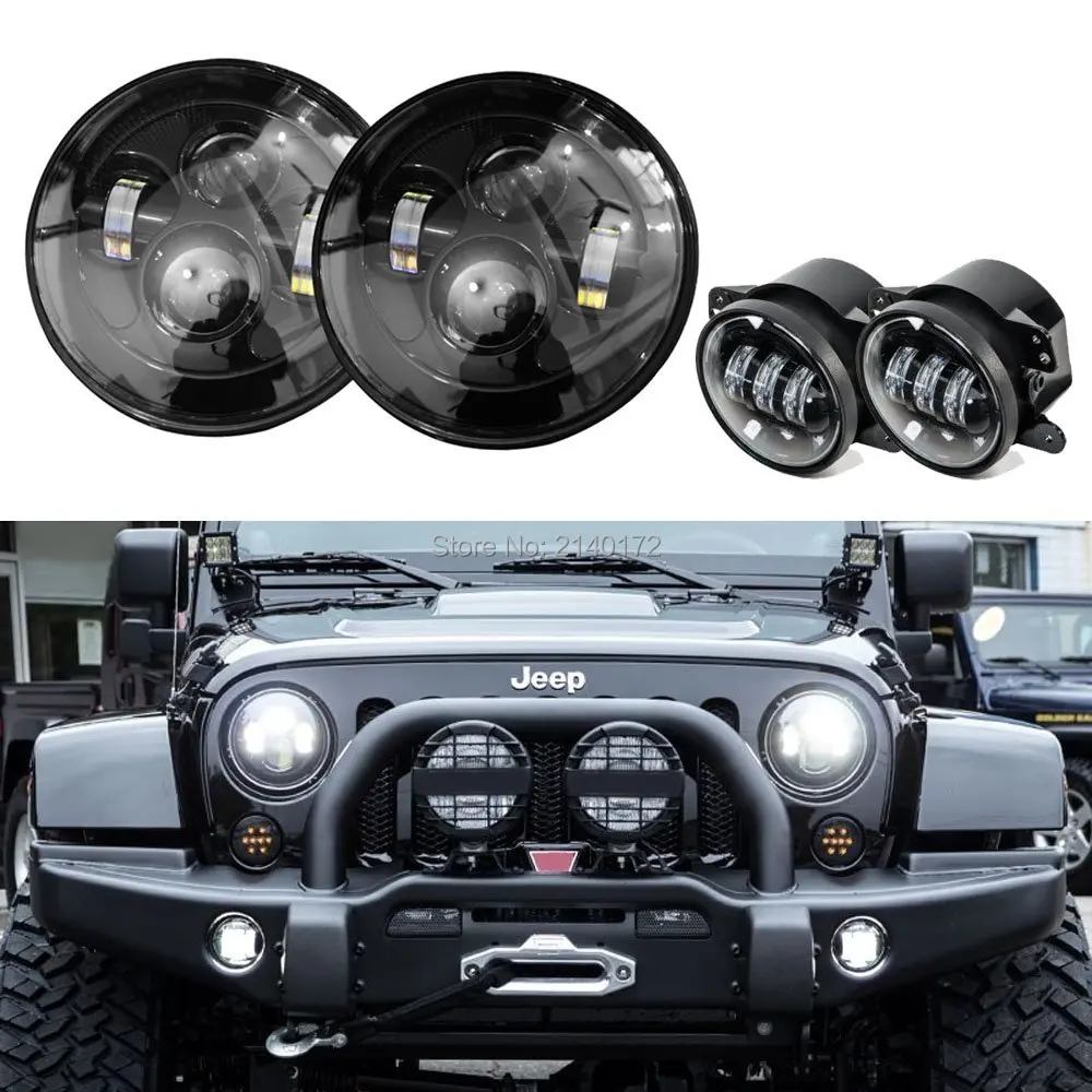 H4 to H13 7 inch Round LED Headlight for Jeep Wrangler JK CJ Hummer High/Low Dual Beam + Black 4inch Front Fog Light | Автомобили и