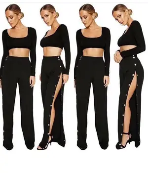 Sexy Women Set Long Sleeve Short Top Long Split Balck Pants Fashion Bandage Sets
Sexy Women Set Long Sleeve Short Top Long Split Balck Pants Fashion Bandage Sets