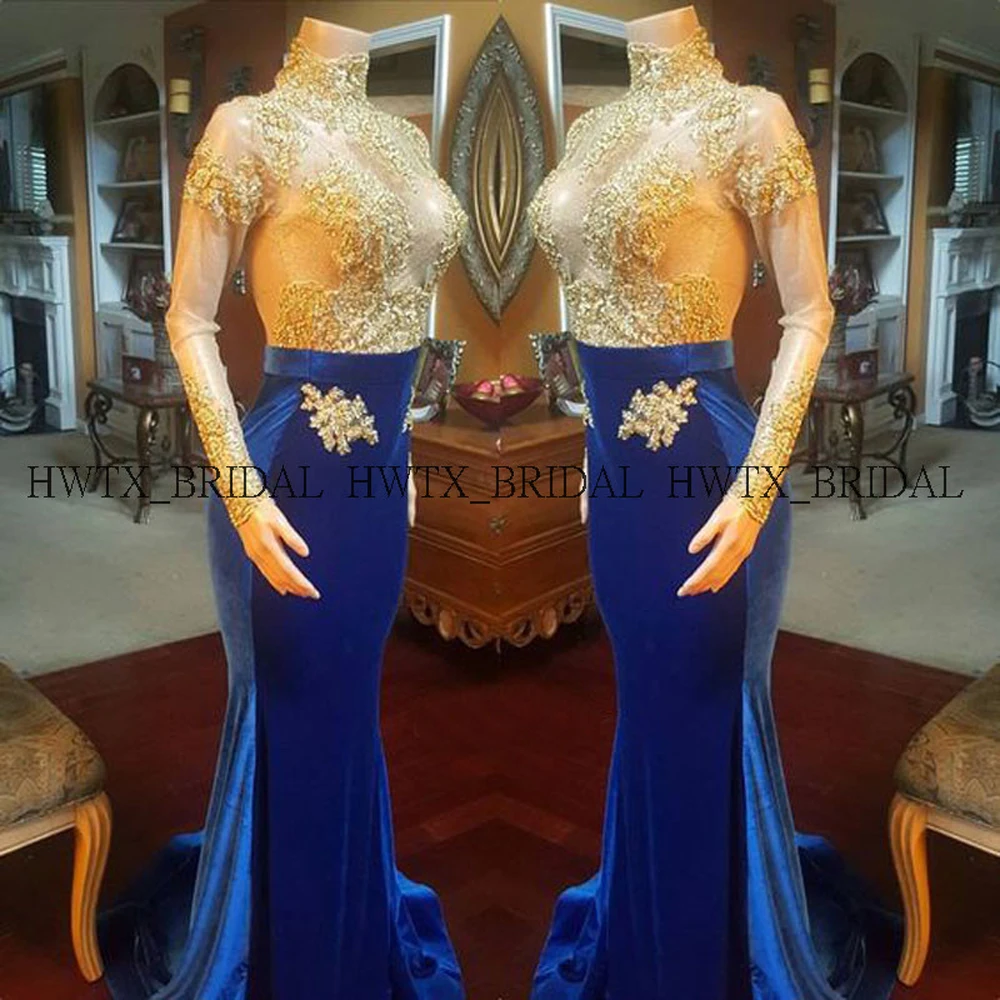 Gold Lace Appliques Prom Dresses African Long Sleeves High Neck Royal Blue Velvet Mermaid Long Evening Dress Formal Party Gowns
Gold Lace Appliques Prom Dresses African Long Sleeves High Neck Royal Blue Velvet Mermaid Long Evening Dress Formal Party Gowns