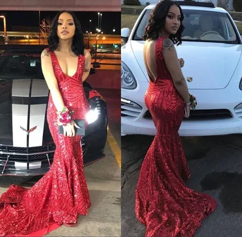 African Black Girls Glitter Red Mermaid Prom Dresses Long 2019 V Neck Sequin Backless Women Evening Party Gowns Wear
African Black Girls Glitter Red Mermaid Prom Dresses Long 2019 V Neck Sequin Backless Women Evening Party Gowns Wear