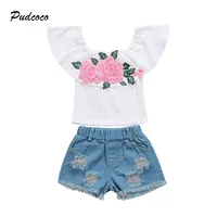 Pudcoco Fashion Children Girls Off Shoulder Embroidery Tops+Denim Shorts Jean 2PCS Outfit Toddler Kids Clothing Set image