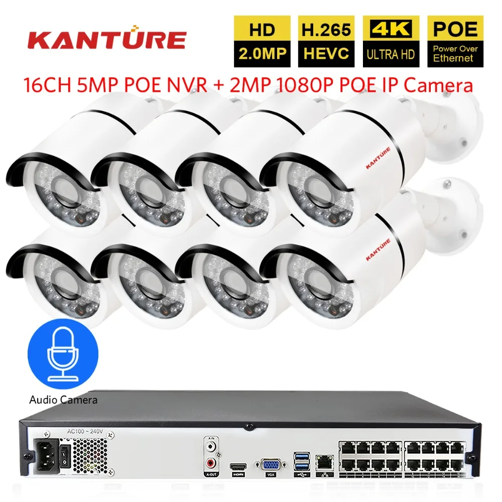 H.265 16CH 4 K 5MP POE Система NVR 8 шт. 2MP 1920*1080 P Аудио запись Водонепроницаемая камера для