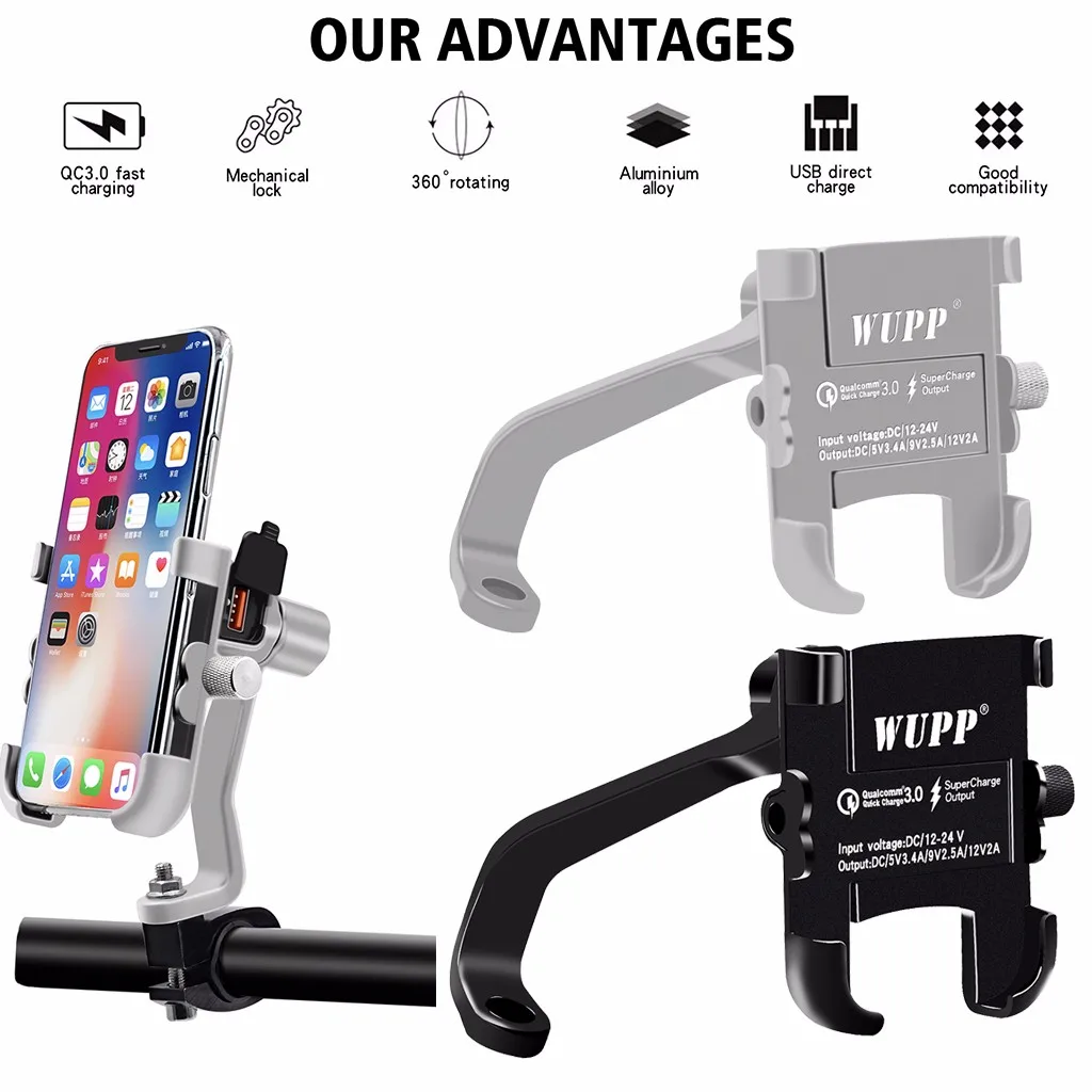 2019 Mount Holder Universal Phone Holder 360 Rotation Strength Alloy Motorcycle Handlebar Phone Holder QC 3.0 USB Charger
2019 Mount Holder Universal Phone Holder 360 Rotation Strength Alloy Motorcycle Handlebar Phone Holder QC 3.0 USB Charger