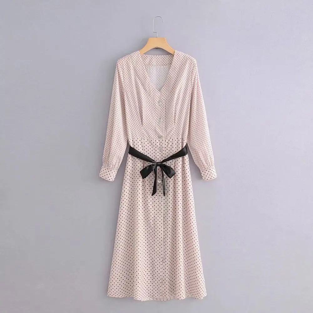 women vintage v neck polka dots print sashes midi dress female buttons streetwear vestidos elegant chic femme dresses DS1395
women vintage v neck polka dots print sashes midi dress female buttons streetwear vestidos elegant chic femme dresses DS1395