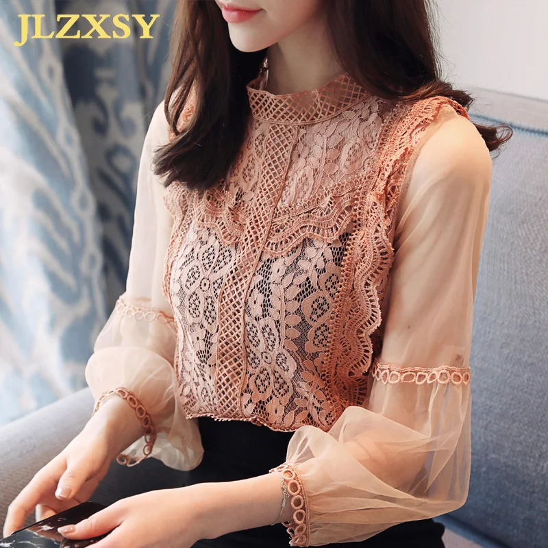 JLZXSY 2018 New Spring Elegant Women Chiffon Blouse Lace Hollow Long Sleeve Shirts Tops With Halter Shirt Two Pieces Set Clothes |