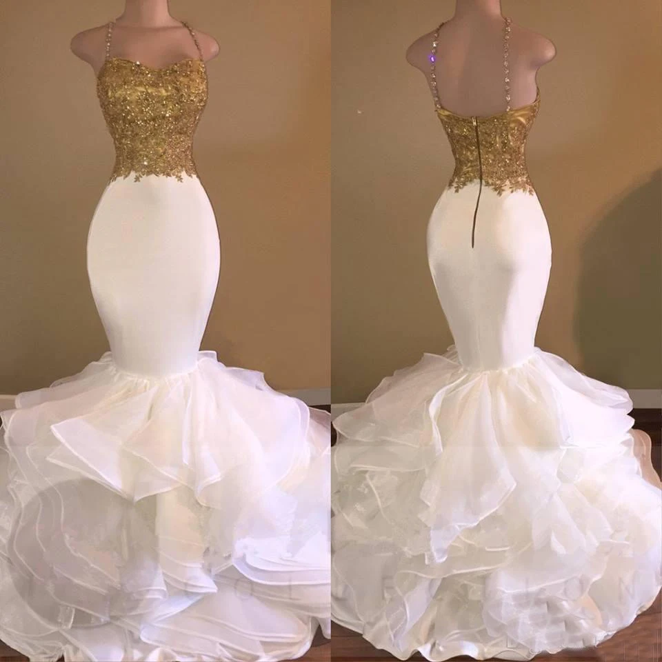 Elegant White Mermaid Evening Dress With Gold Lace 2019 Spaghetti Strap Backless Floor Length Long Gowns Prom Robe De Soiree
Elegant White Mermaid Evening Dress With Gold Lace 2019 Spaghetti Strap Backless Floor Length Long Gowns Prom Robe De Soiree