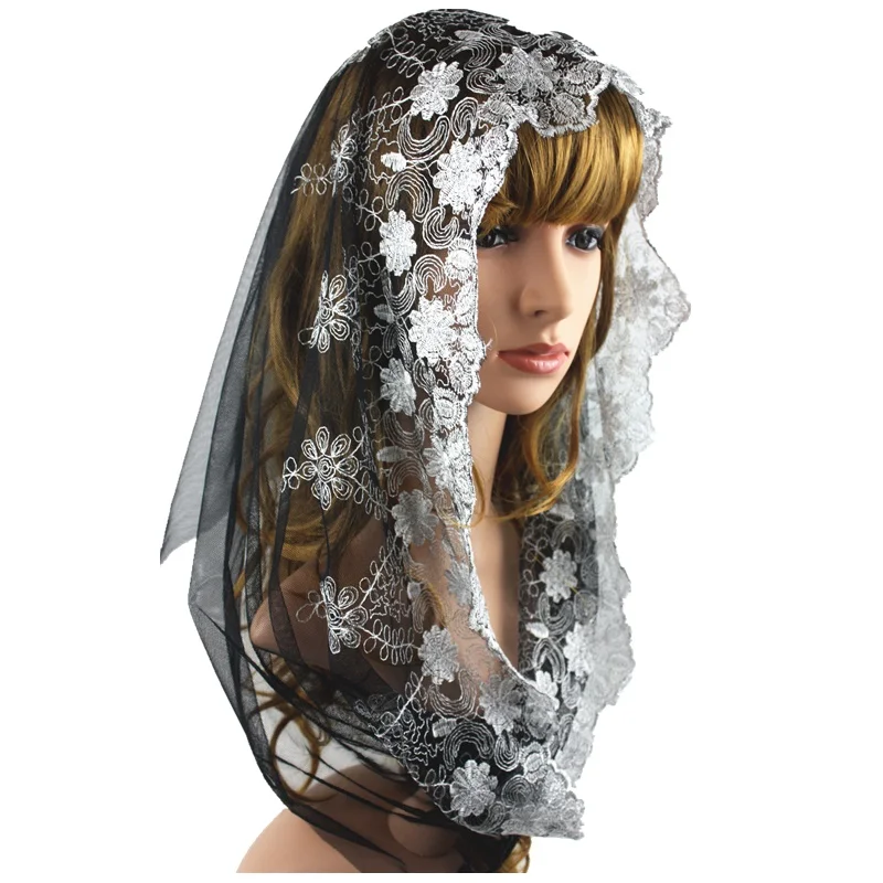 Black with white thread embroidery infinity lace veil catholic lace veil for lady's head covering
Black with white thread embroidery infinity lace veil catholic lace veil for lady's head covering