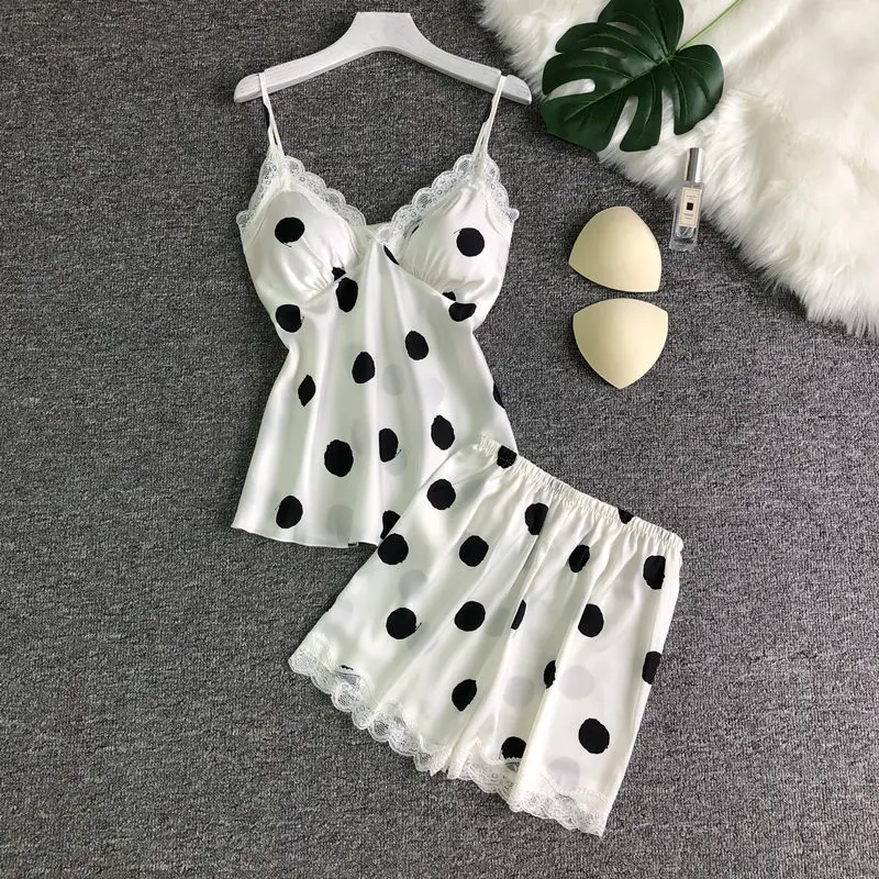 Women Pajamas Set 2 Pieces Sexy Spaghetti Strap Satin Sleepwear Female Lace Dots Pyjama Home Clothing Pijama For Summer Spring
Women Pajamas Set 2 Pieces Sexy Spaghetti Strap Satin Sleepwear Female Lace Dots Pyjama Home Clothing Pijama For Summer Spring