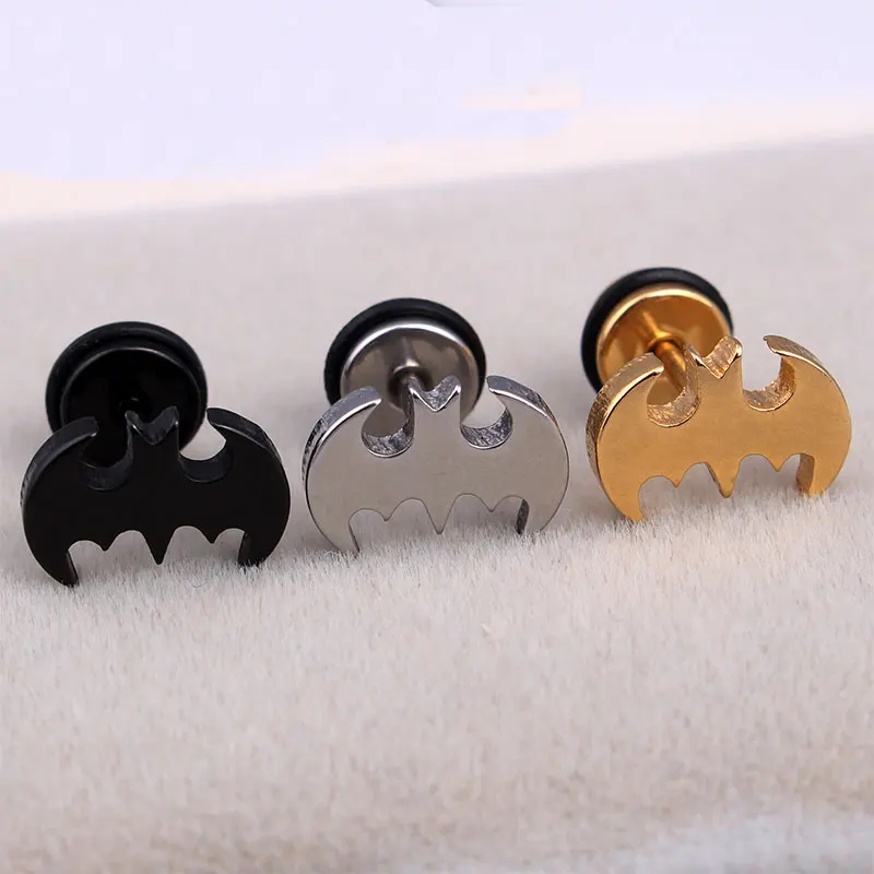 Fashion Men Women Punk Silver Gold Black Blue Color Batman Earring Stainless Steel Batman Barbell Stud Earrings Brincos Jewelry 
Fashion Men Women Punk Silver Gold Black Blue Color Batman Earring Stainless Steel Batman Barbell Stud Earrings Brincos Jewelry