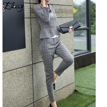 Ellacey New Spring Autumn Fashion Women's Business Pants Suits Office Lady Plaid Checker Ruffles Suits For Women 2 Pieces Set 
Ellacey New Spring Autumn Fashion Women's Business Pants Suits Office Lady Plaid Checker Ruffles Suits For Women 2 Pieces Set
