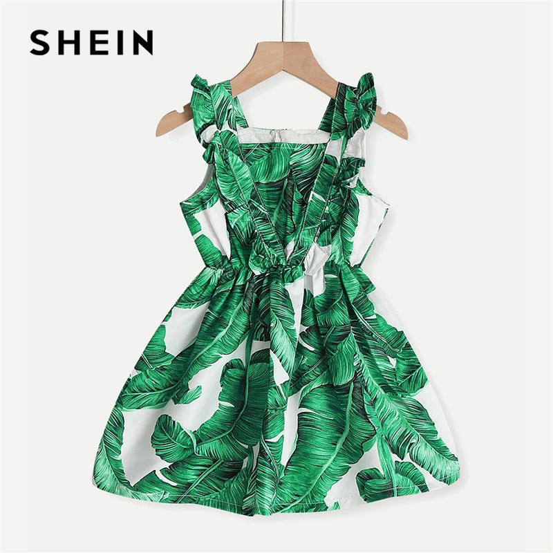 

SHEIN Kiddie Green Tropical Print Zipper Back Toddler Girls Dress 2019 Summer Sleeveless Casual Frill A Line Short Dress For Kid
