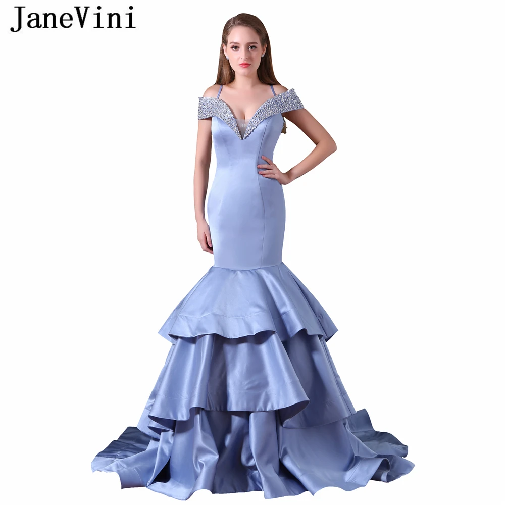 Фото JaneVini Sexy Long Bridesmaid Dresses Mermaid Tiered Satin V Neck Beaded Sequined Sheer Back Sweep Train Women Prom Party Gowns | Свадьбы и