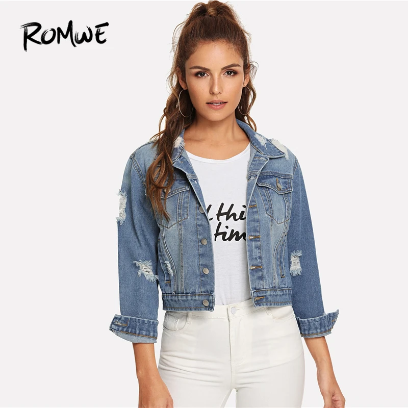 ROMWE Ripped Faded Wash Denim Jacket 2019 Blue Female Solid Single Breasted Jackets Women Spring Autumn Pocket Jackets
ROMWE Ripped Faded Wash Denim Jacket 2019 Blue Female Solid Single Breasted Jackets Women Spring Autumn Pocket Jackets