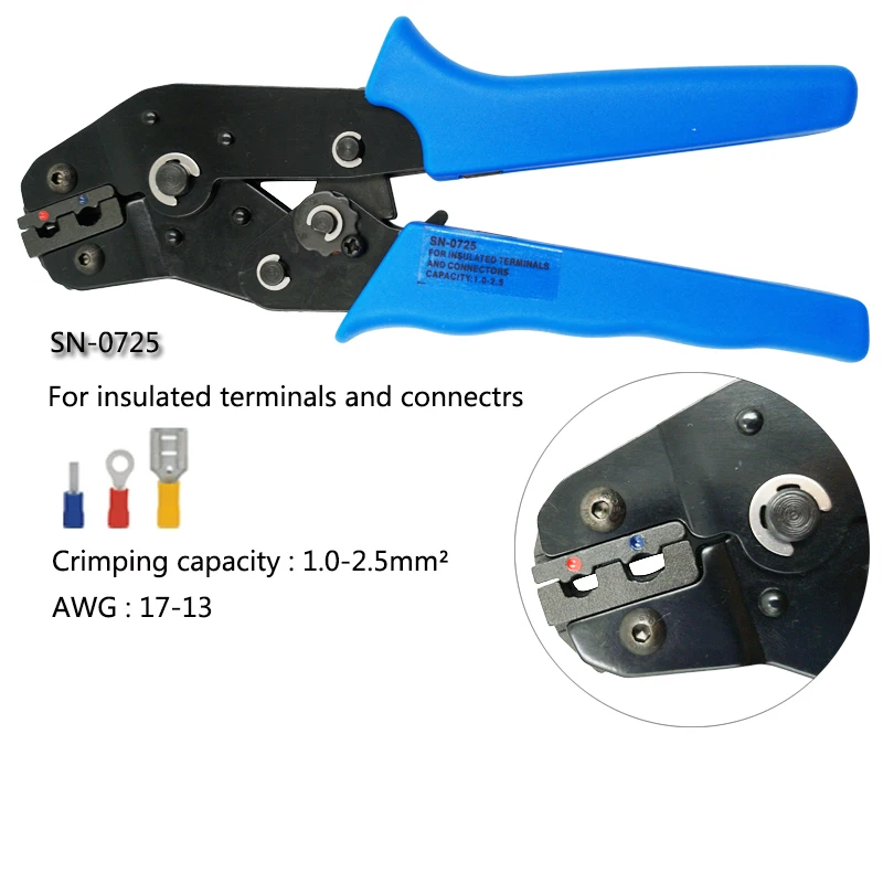 SN-0725 Manual ratchet terminal crimping tool for insulated terminals and connectors 0.5-2.5mm2 AWG20-14 Crimping pliers CNLX
SN-0725 Manual ratchet terminal crimping tool for insulated terminals and connectors 0.5-2.5mm2 AWG20-14 Crimping pliers CNLX