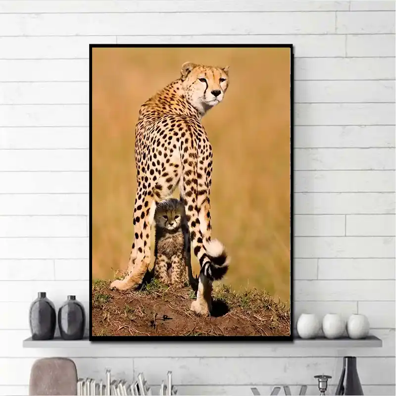 Mutu Lukisan Cheetah Ibu Melindungi Anaknya Dinding Seni Hewan