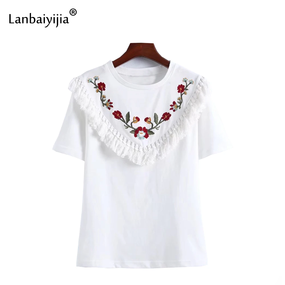 Lanbaiyijia Europe America new Cotton T-shirt Short Sleeve t-shirts Women t shirt Embroidery Flowers Tassel Casual Shirt S M L
Lanbaiyijia Europe America new Cotton T-shirt Short Sleeve t-shirts Women t shirt Embroidery Flowers Tassel Casual Shirt S M L