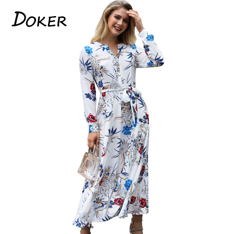 Floral Print Maxi Dress 2018 Autumn Women V-neck Long Sleeve Sashes Tunic Robe Dress Female Casual Loose Chiffon Holiday Dress
Floral Print Maxi Dress 2018 Autumn Women V-neck Long Sleeve Sashes Tunic Robe Dress Female Casual Loose Chiffon Holiday Dress