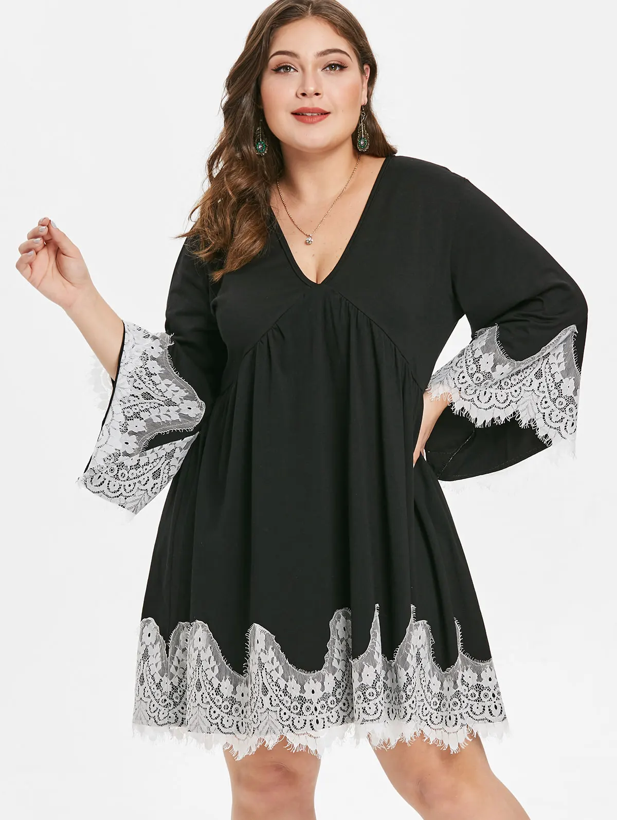 

Wipalo Women Plus Size Plunging Neck Eyelash Lace Panel Shift Dress 3/4 Length Flare Sleeves Patchwork Casual Straight Vestidos