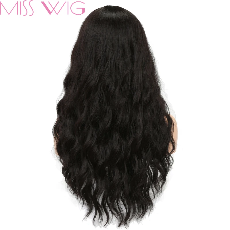 MISS WIG Long Wavy Wigs for Black Women African American Synthetic Grey Brown Wigs with Bangs Heat Resistant +-