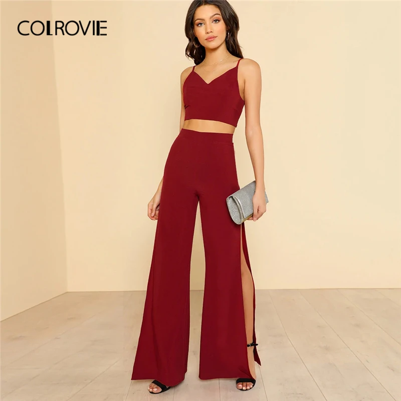 

COLROVIE Burgundy Backless Cami Crop Top And High Slit Pants Co-Ord Elegant 2 Piece Outfits For Women 2019 Summer Two Piece Set