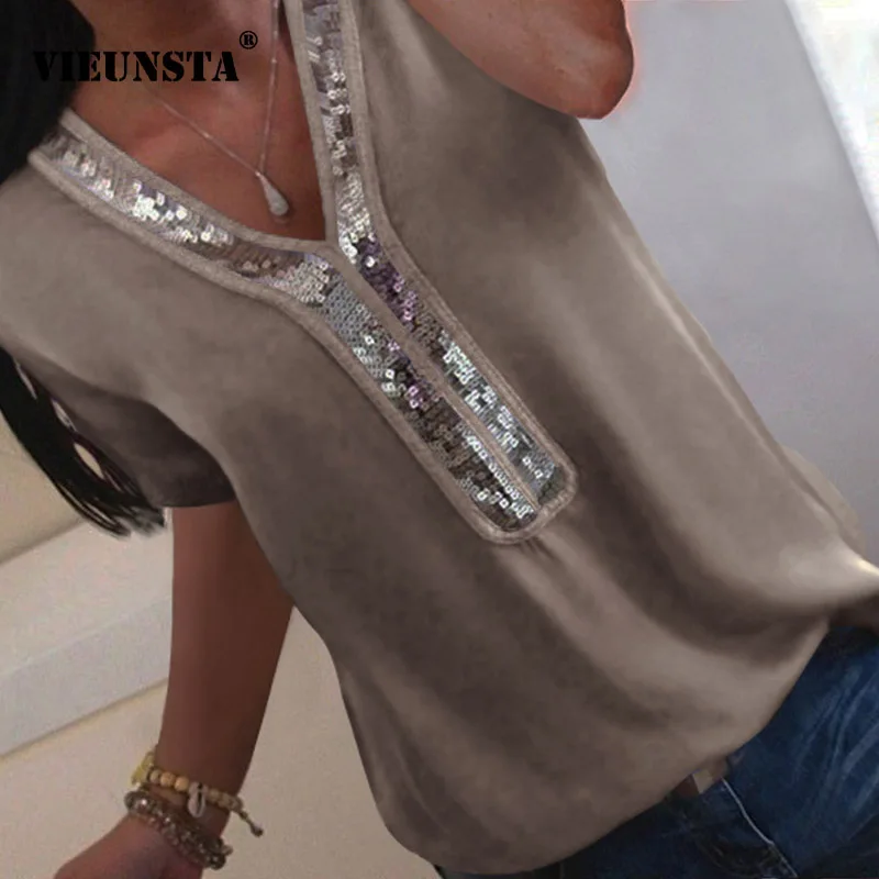 VIEUNSTA Women S-5XL Sequins V-neck Chiffon Blouse 2019 Summer Short Sleeve Office Lady Blouses Tops Plus Size Femme Shirt Blusa
VIEUNSTA Women S-5XL Sequins V-neck Chiffon Blouse 2019 Summer Short Sleeve Office Lady Blouses Tops Plus Size Femme Shirt Blusa