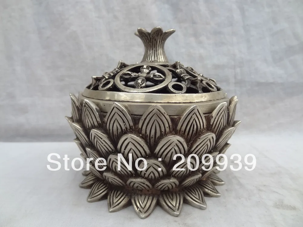 00623"Tibet Silver Vajra Talismans Statue Chinese Bronze Lotus Incense Burner Censer