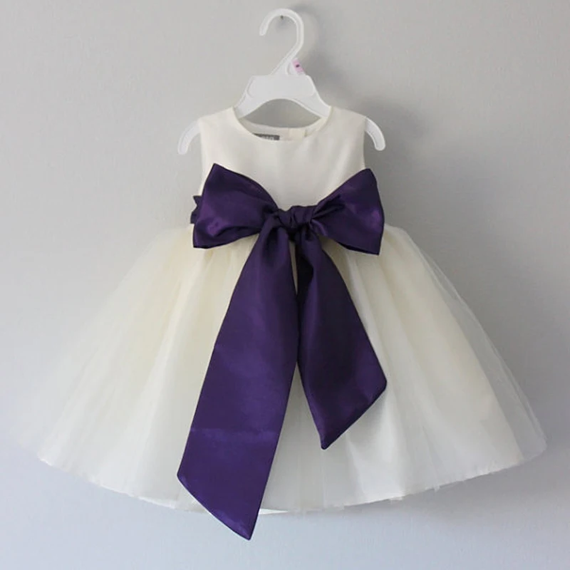 

Hot sale Ivory rustic vintage Toddler infant Flower girl dress purple bow belt  Princess for weddings tutu party kidney dress