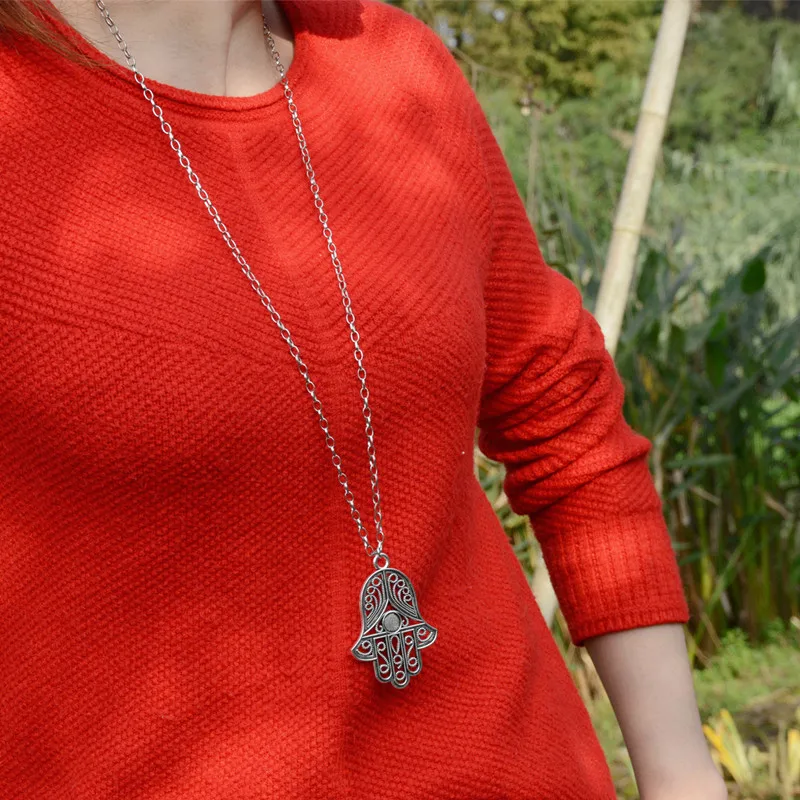 1pc boho style women hamsa sweater chain jewelry vintage silver color carving fatima hand pendant long necklaces colar
1pc boho style women hamsa sweater chain jewelry vintage silver color carving fatima hand pendant long necklaces colar