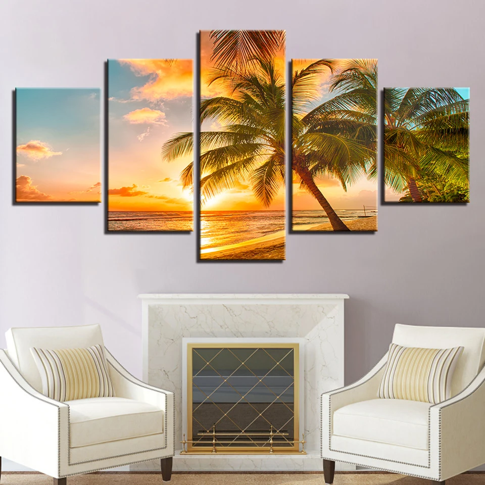 

Canvas Paintings Home Decor 5 Pieces Sunset Beach Wave Palm Trees Seascape Posters Bedroom Wall Art HD Prints Pictures Framework