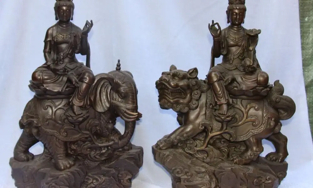 15" Buddhism Pure Bronze Wenshu Manjushri Goddess Ride Lion Elephant Statue Pair
15" Buddhism Pure Bronze Wenshu Manjushri Goddess Ride Lion Elephant Statue Pair