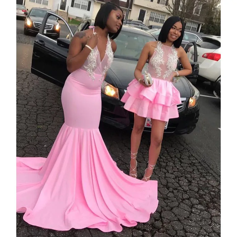 Pink Two Style Long Short Prom Dresses 2019 New Lace Sleeve Ruffles Applique Beading Illusion Formal Evening Dress Party Gowns
Pink Two Style Long Short Prom Dresses 2019 New Lace Sleeve Ruffles Applique Beading Illusion Formal Evening Dress Party Gowns
