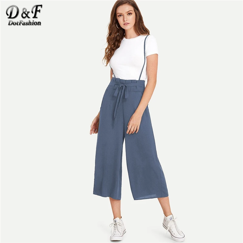 

Dotfashion Blue Knot Front Pocket Side Pinafore Pants Elegant Jumpsuit Women 2019 Spring Casual Sleeveless Wide Leg Overalls