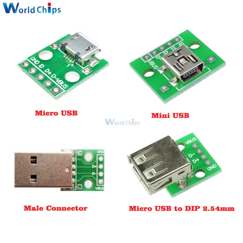 

Micro / Mini USB Type A Male/USB Type A Female Interface Adapter to 2.54mm DIP PCB Board Adapter Converter Breakout Board Module