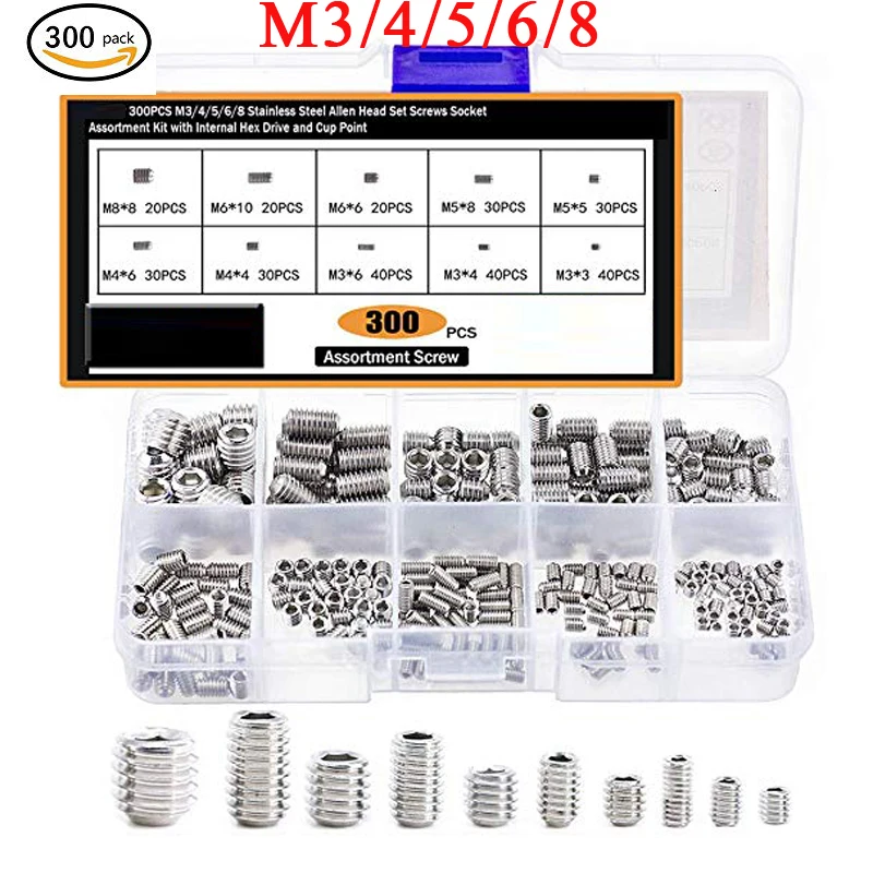 300PCS DIN916 M3/4/5/6/8 Stainless Steel Hex Allen Head Set Screws Socket Assortment Kit with Internal Hex Drive and Cup Point
300PCS DIN916 M3/4/5/6/8 Stainless Steel Hex Allen Head Set Screws Socket Assortment Kit with Internal Hex Drive and Cup Point