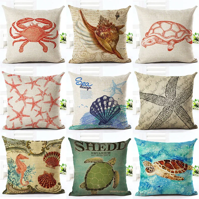 

Marine Style Cushion Cover turtle crab Pattern Ocean beach Cotton Linen Pillowcase Waist Throw Pillow Cover almofadas 45x45cm