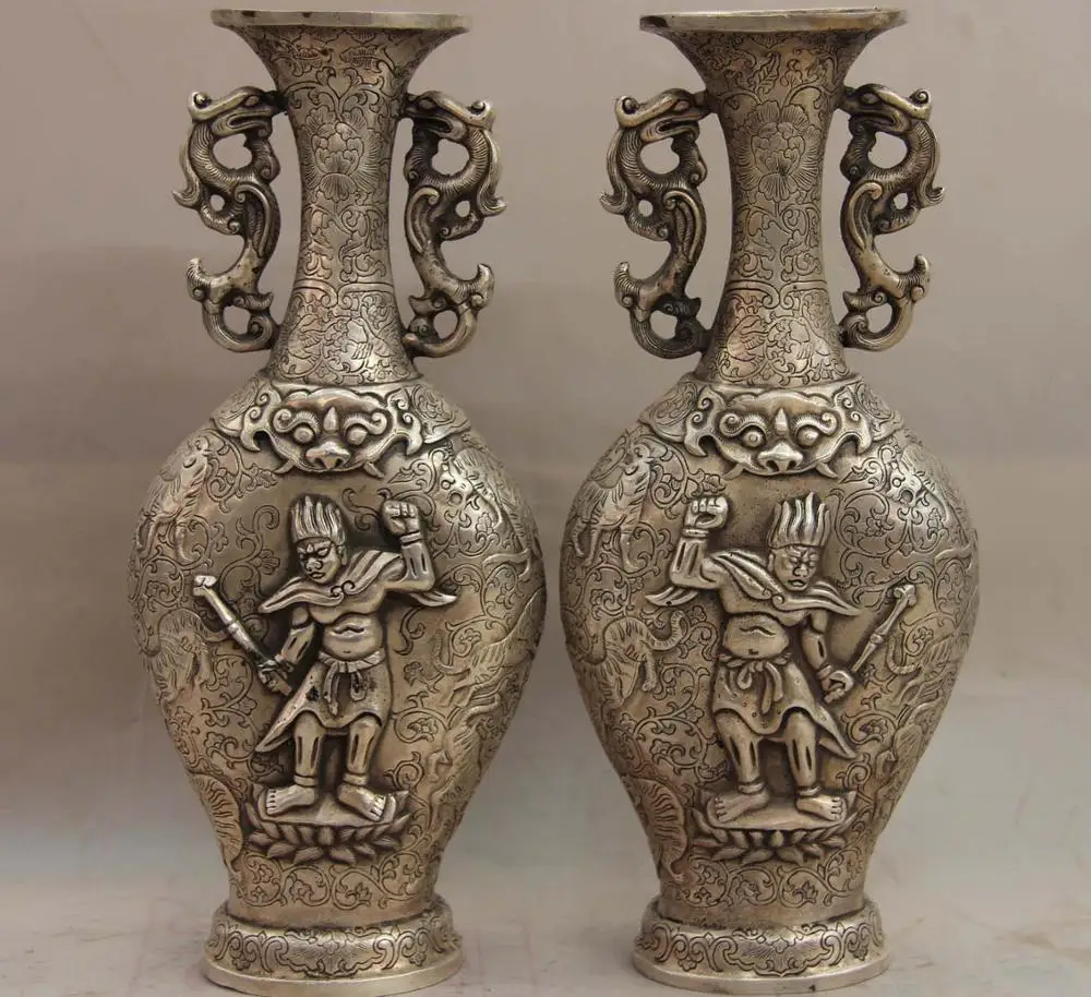 China White Copper Silver Dragon Wild animal Tiger Warrior Pot Bottle Vase Pair
China White Copper Silver Dragon Wild animal Tiger Warrior Pot Bottle Vase Pair
