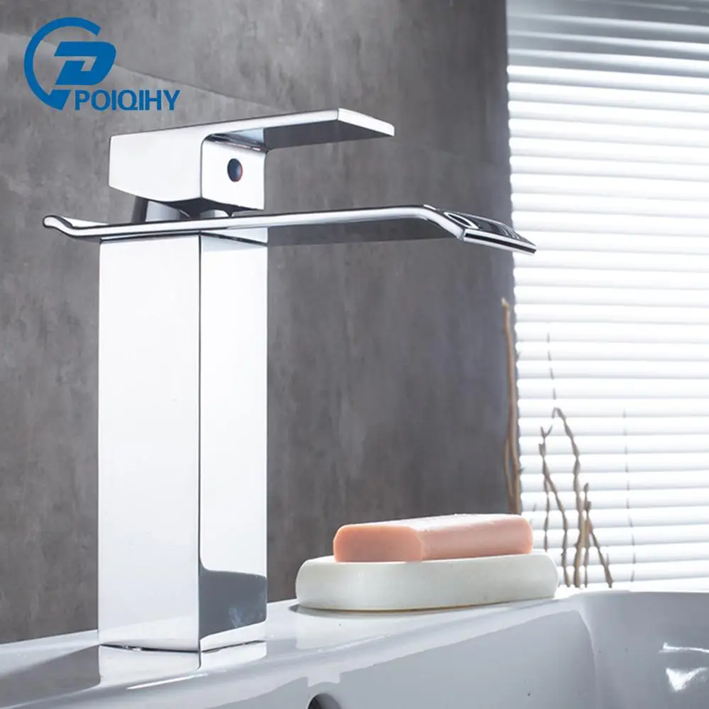 

POIQIHY Basin Faucet 3Colors Chrome Waterfall Bathroom Sink Faucet Crane Deck Mounted Brass Basin Mixer Single Handle Tap