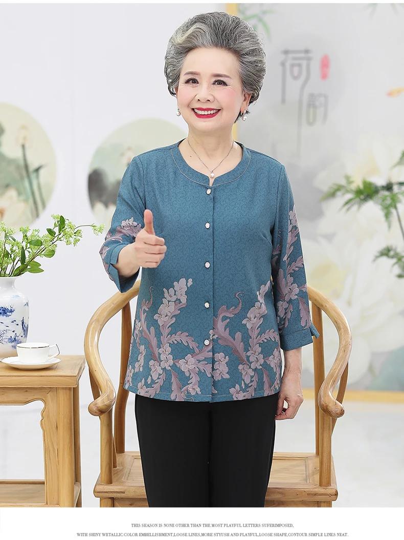 Grandma Mother Shirts Red Blue Green Flower Pattern Print Tops Women Round Collar Three Quarter Sleeve Blouses Button Front Shirt Woman Top (9)