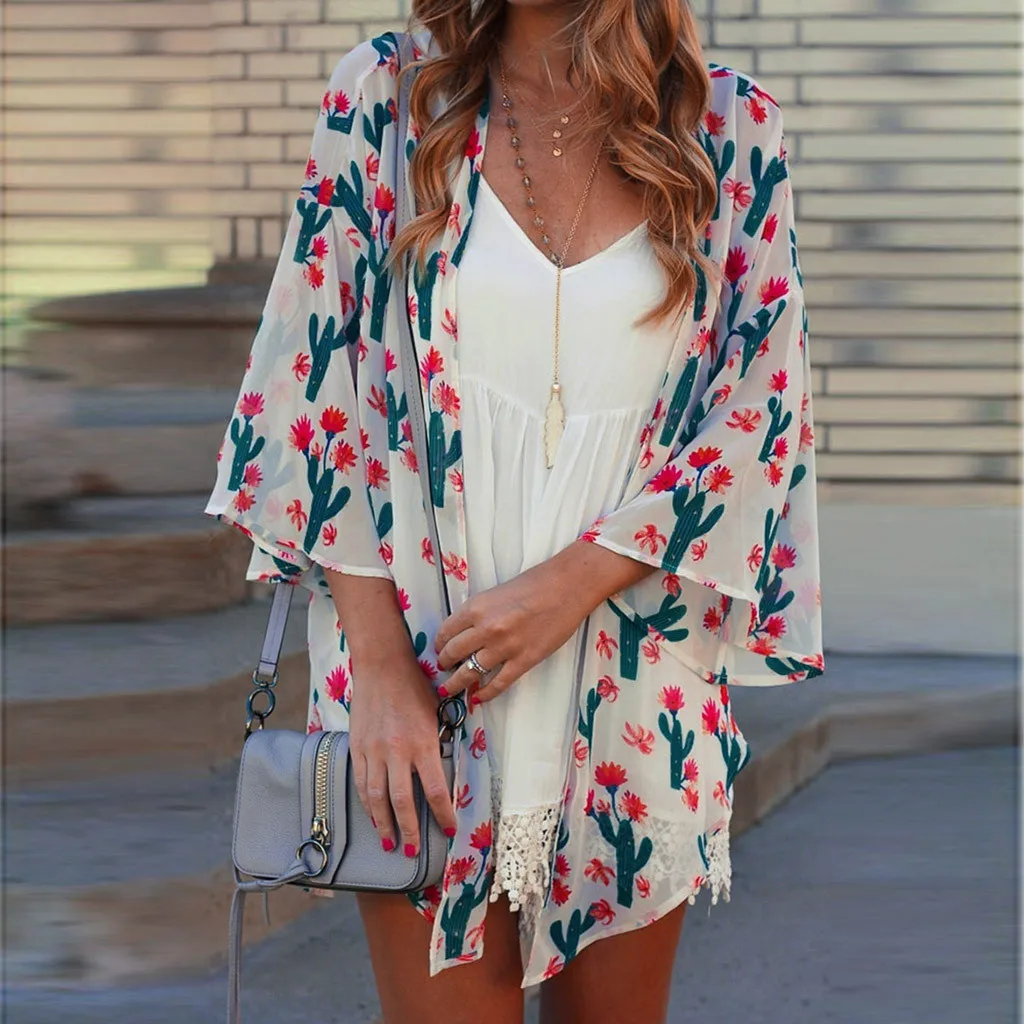 

Plus Size Womens Tops And Blouses Floral Print Kimono Chiffon Blouse For Woman 2019 Half Sleeved Tunic Boho Блузки Женские #H48#32