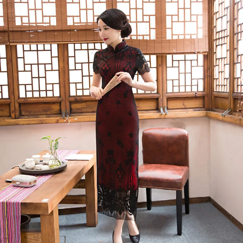 Fengmeisi китайский Cheongsam долго Qipao кружева красный черный тонкий пикантные винтажные