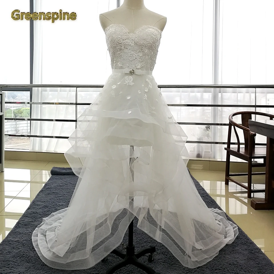 Greenspine High Low Wedding Dress 2019 In Stock Princess Lace Appliques Bridal Dresses with Sashes Bow 5208
Greenspine High Low Wedding Dress 2019 In Stock Princess Lace Appliques Bridal Dresses with Sashes Bow 5208