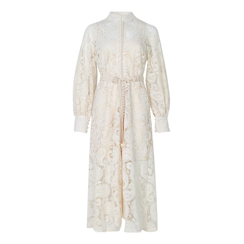 2019 autumn long sleeve belt beige lace women dresses high quality vintage hollow out design midi dress for woman
2019 autumn long sleeve belt beige lace women dresses high quality vintage hollow out design midi dress for woman