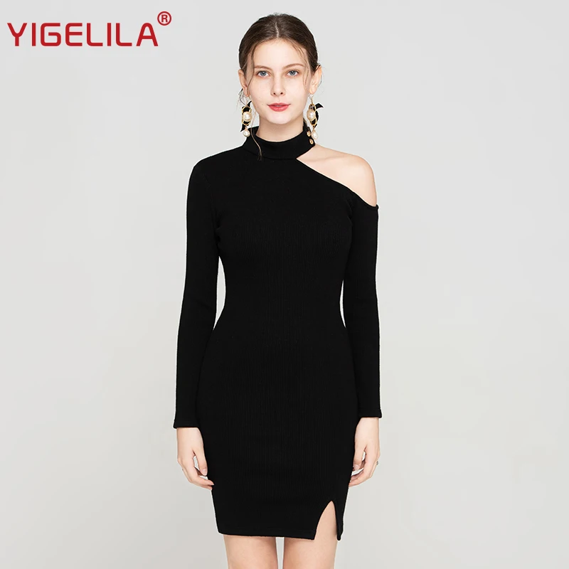 YIGELILA Fashion Women Black Knitted Dress Autumn O-neck One Shoulder Full Sleeve Empire Knee Length Solid Sheath Dress 64109
YIGELILA Fashion Women Black Knitted Dress Autumn O-neck One Shoulder Full Sleeve Empire Knee Length Solid Sheath Dress 64109