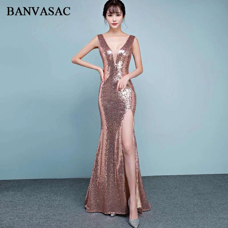 BANVASAC 2018 Sexy V Neck Sequined Split Mermaid Long Evening Dresses Elegant Party Rose Gold Backless Prom Gowns
BANVASAC 2018 Sexy V Neck Sequined Split Mermaid Long Evening Dresses Elegant Party Rose Gold Backless Prom Gowns