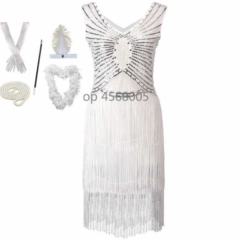 

1920s Gatsby Charleston Sequin White Bead Fringe Flapper Dress Vestido Robe Double V-Neck Sleeveless Tiered Tassel Party Dress